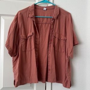 Women's Coral Salmon Linen Blend Button Down Cropped Resort Shirt